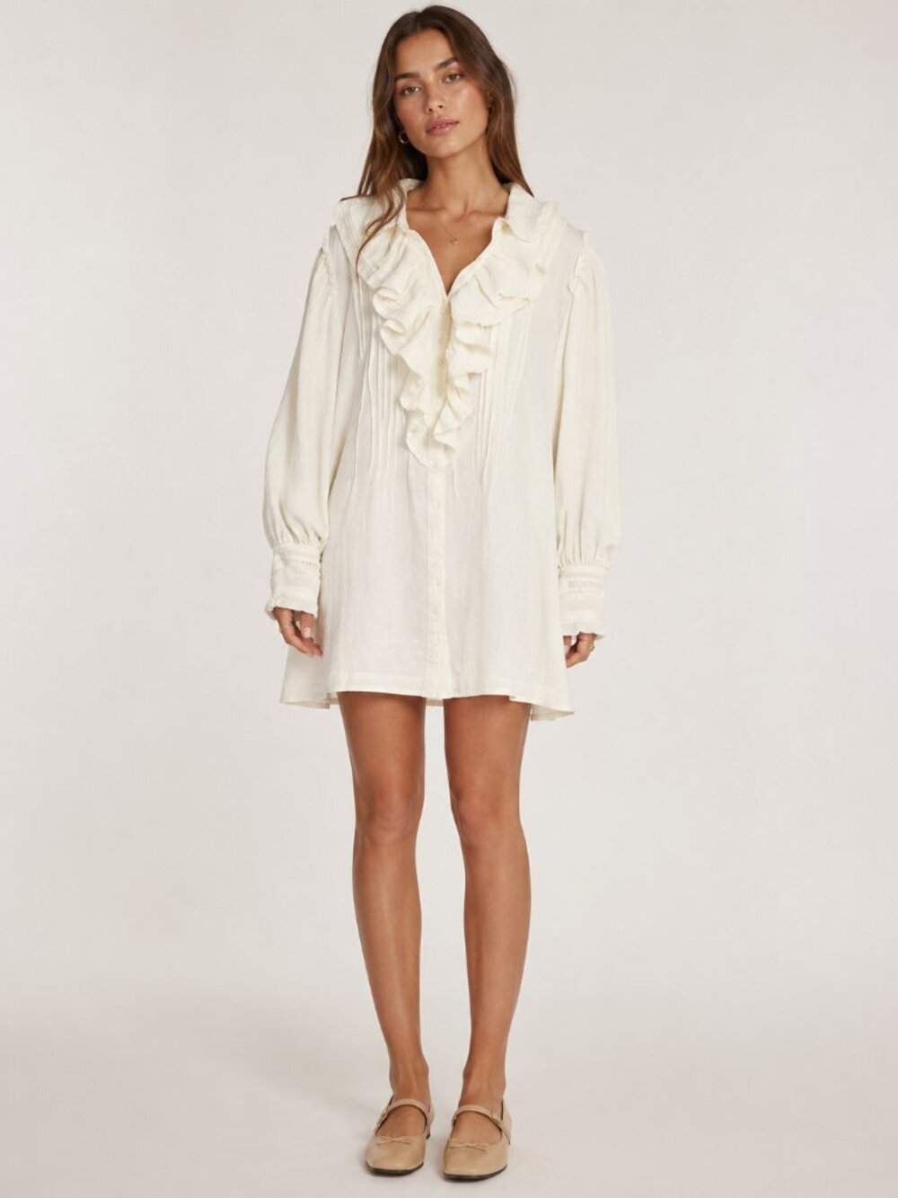 Free People Cream Ruffled Button-Down Tunic